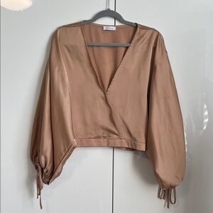 YAYA & CO Champaign Color Satin Effect Wrap Blouse Puff Sleeve, Size S